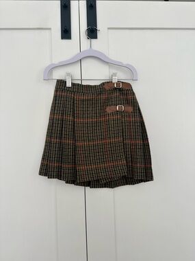 Girls Checked Tweed Kilt/Skirt with Buckle Straps — Brown/Olive